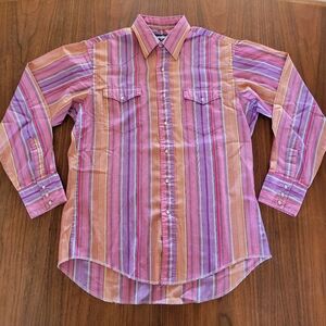 Vintage 80s Wrangler Long Sleeve Thin Pearl Snap Shirt Pink Stripe Western 16-35